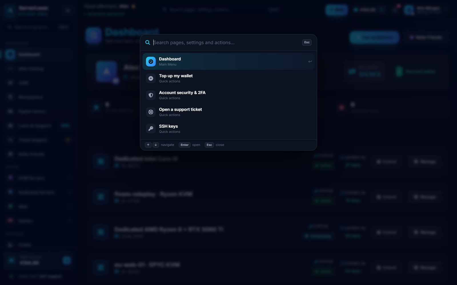 ServerLoom control panel quick search (Ctrl K)