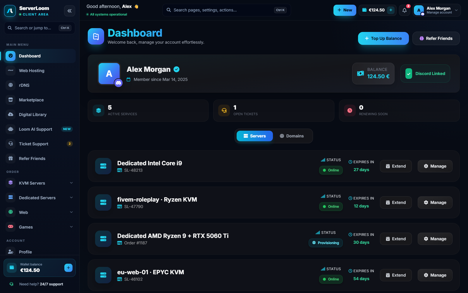 ServerLoom client dashboard with servers, wallet and status